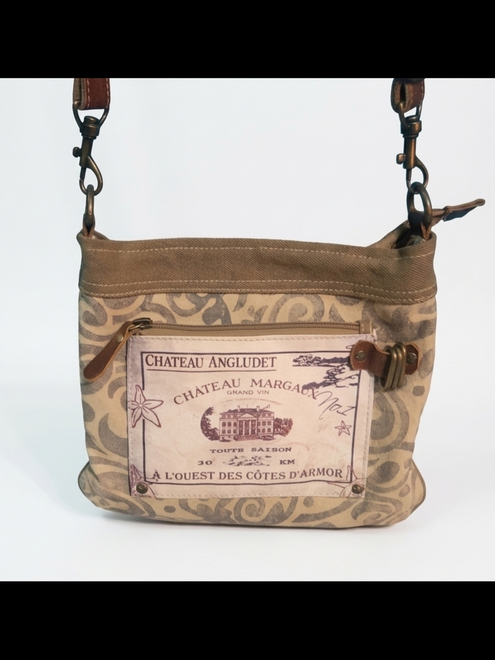 Myra Bag Casual Beige Canvas Crossbody Bag with Bordeaux Accents